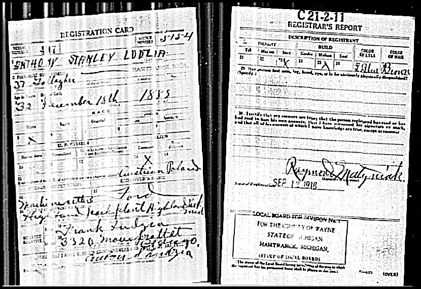 Anthony Ludzia’s U.S. World War I Registration Record