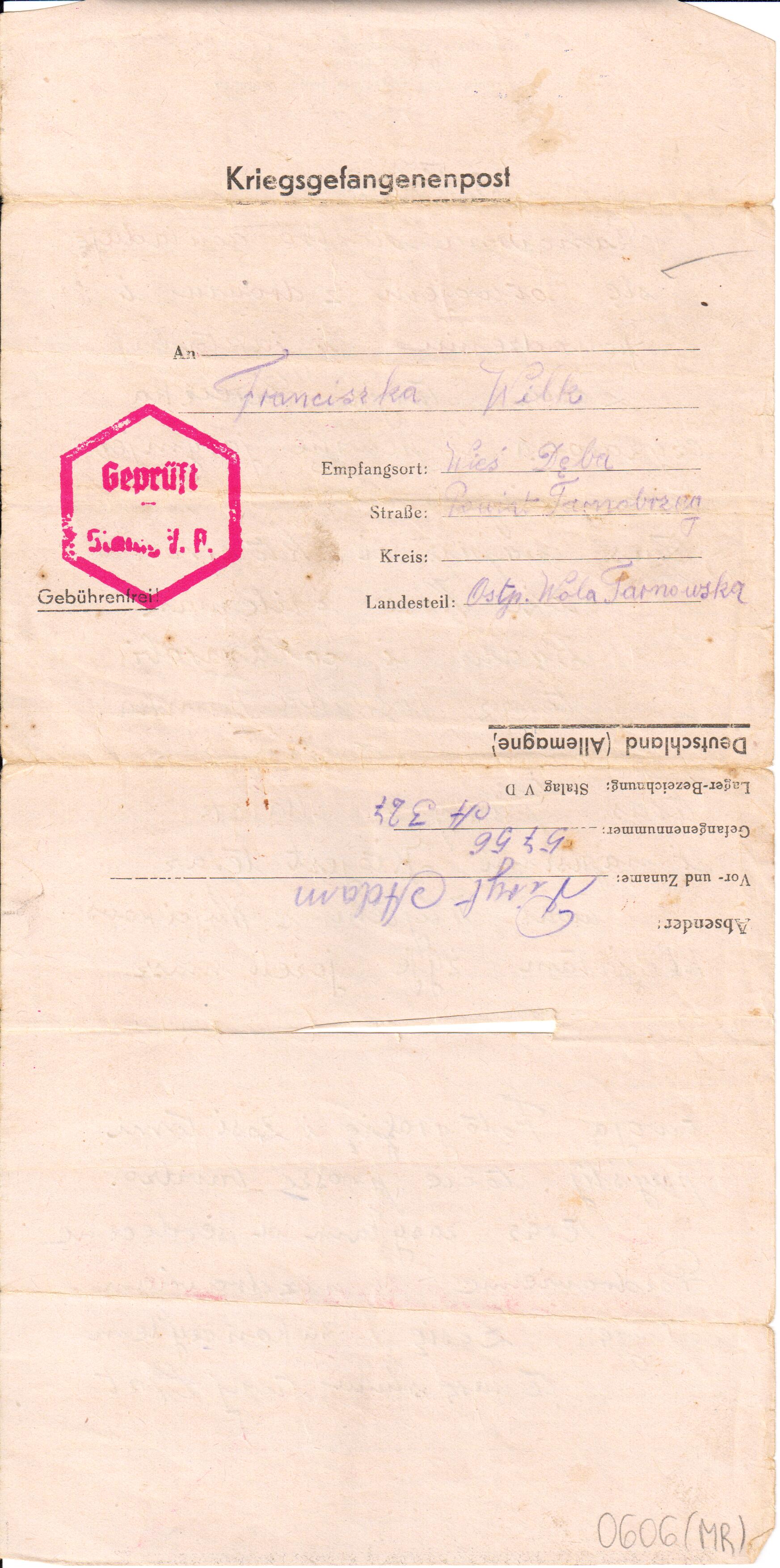 treść listu ze Stalagu V D ze Strassburga, 1942