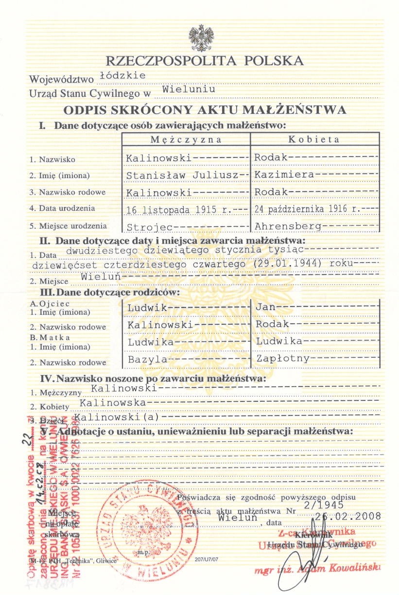 Odpis skrócony aktu małżeństwa Stanisława Kalinowskiego i Kazimiery Rodak (26.02.2008)