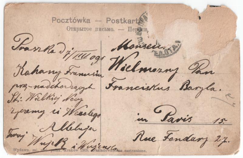 Pocztówka do Françoisa Baryla w Paryżu od jego wuja i wujenki (07.03.1909)