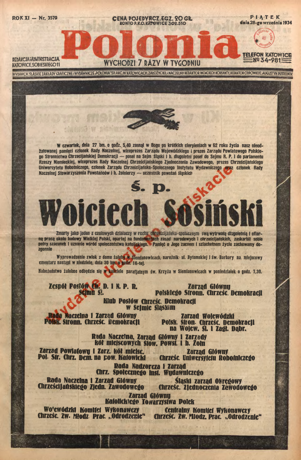 Okładka Polonii po śmierci Wojciecha Sosińskiego