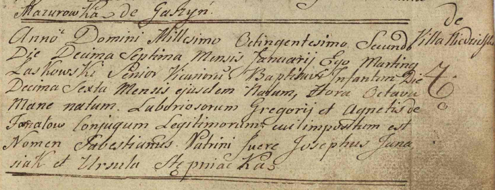 Fotokopie aktu chrztu Sebastyana Fornala (sic!)
