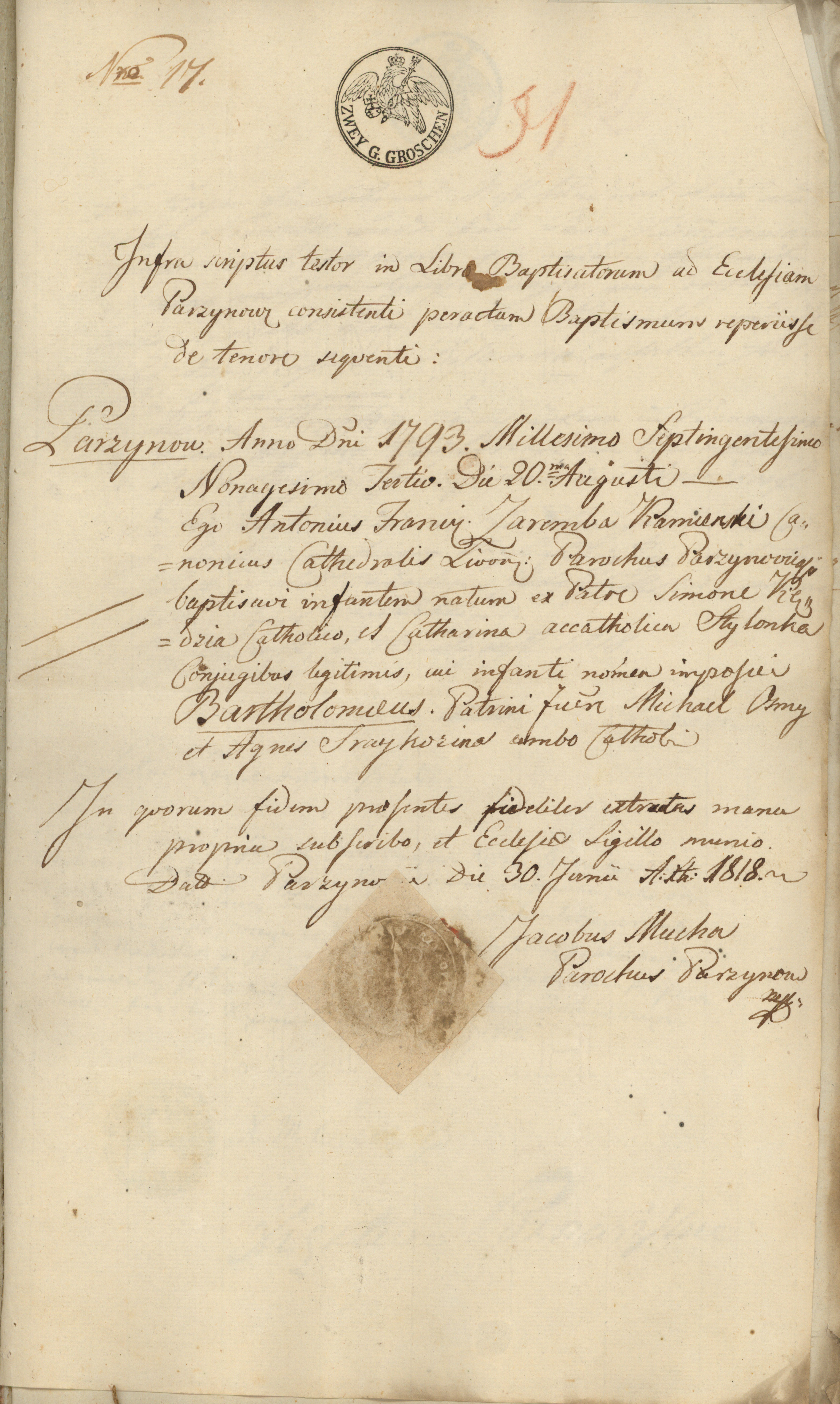 Odpis aktu chrztu Bartłomieja Kędzi z alegat (30.06.1818)