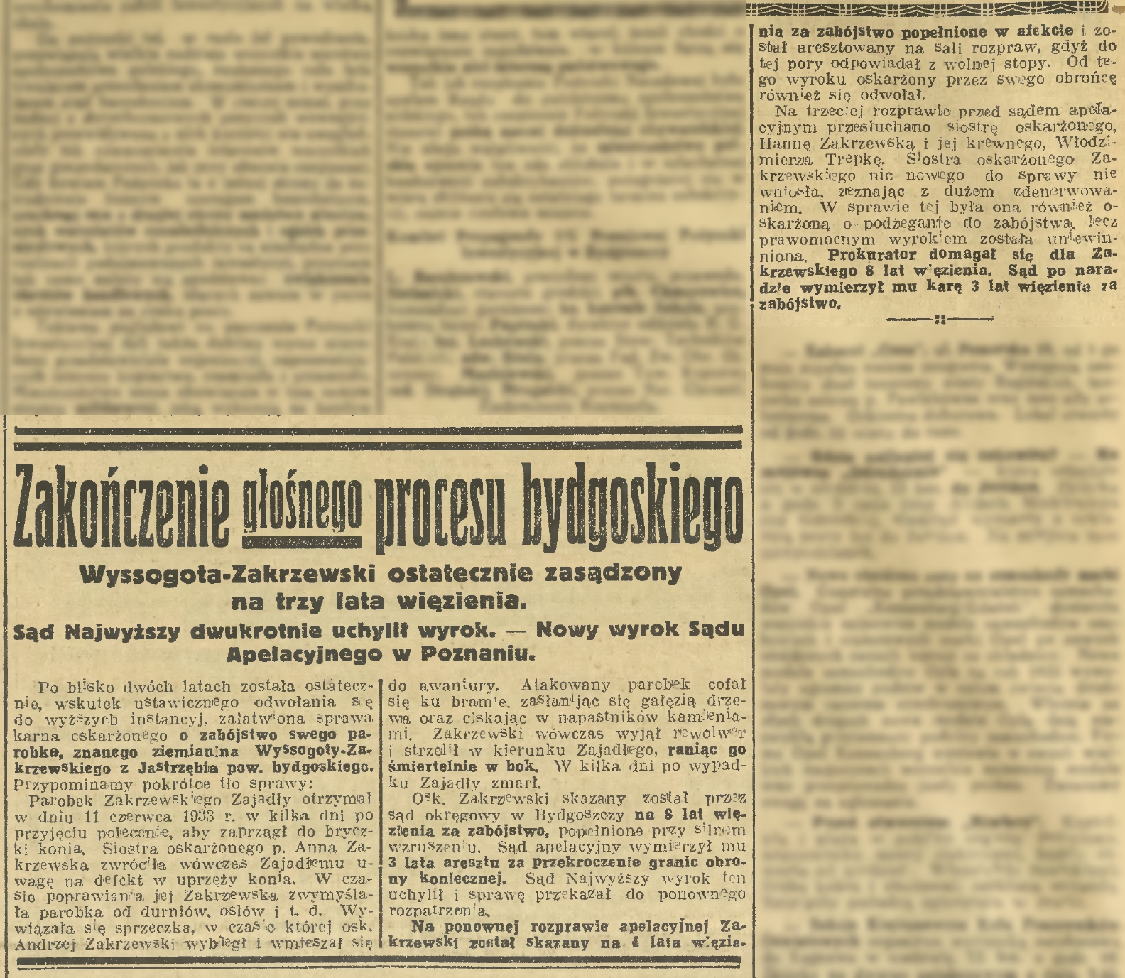 Zakończenie głośnego procesu bydgoskiego. WZ ostatecznie zasądzony na trzy lata więzienia. Sąd Najwyższy dwukrotnie uchylił wyrok — Nowy wyrok Sąu Apelacyjnego w Poznaniu (10.05.1935)