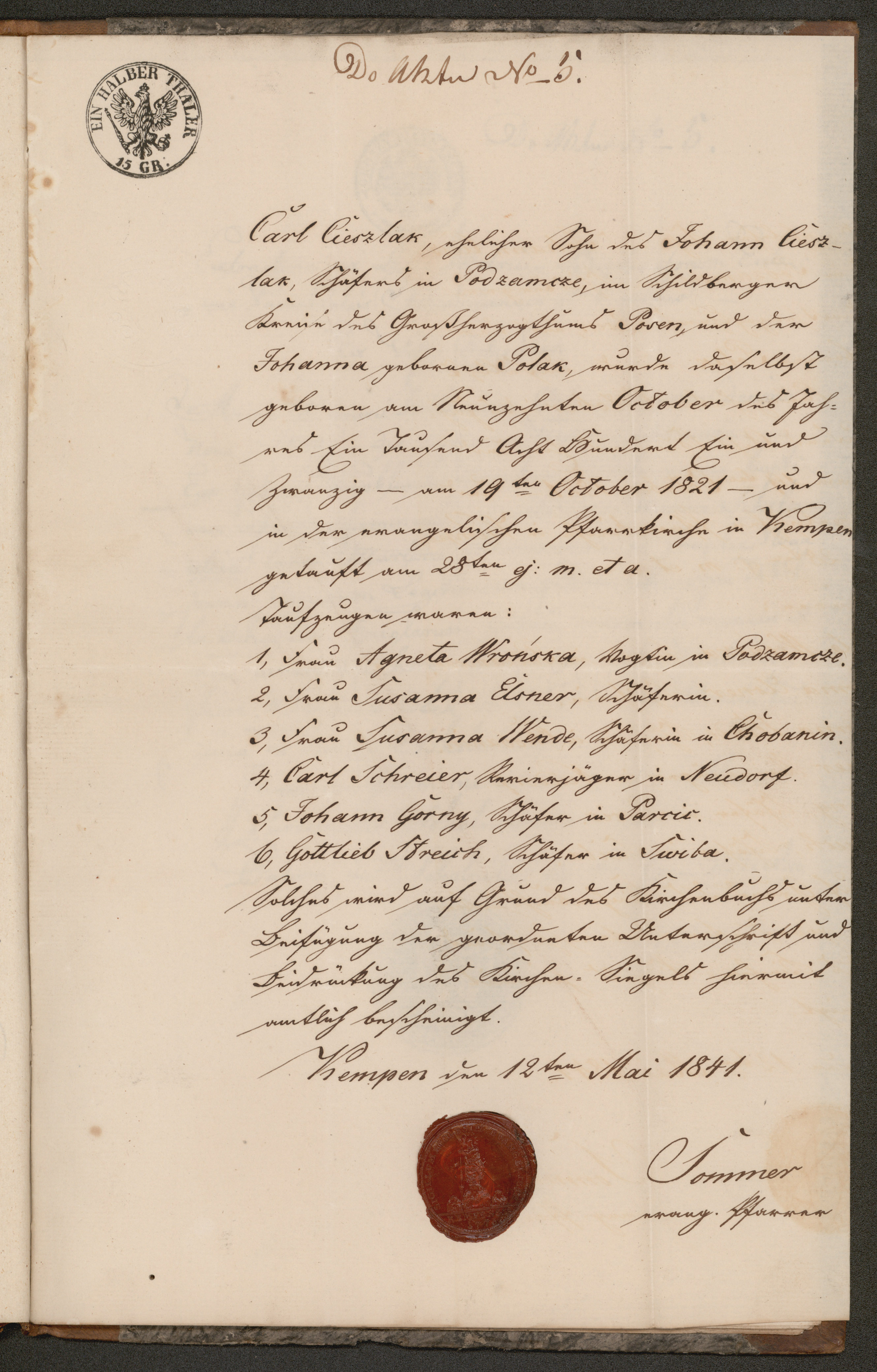 Odpis aktu chrztu Karola Cieślaka z alegat (12.05.1841)