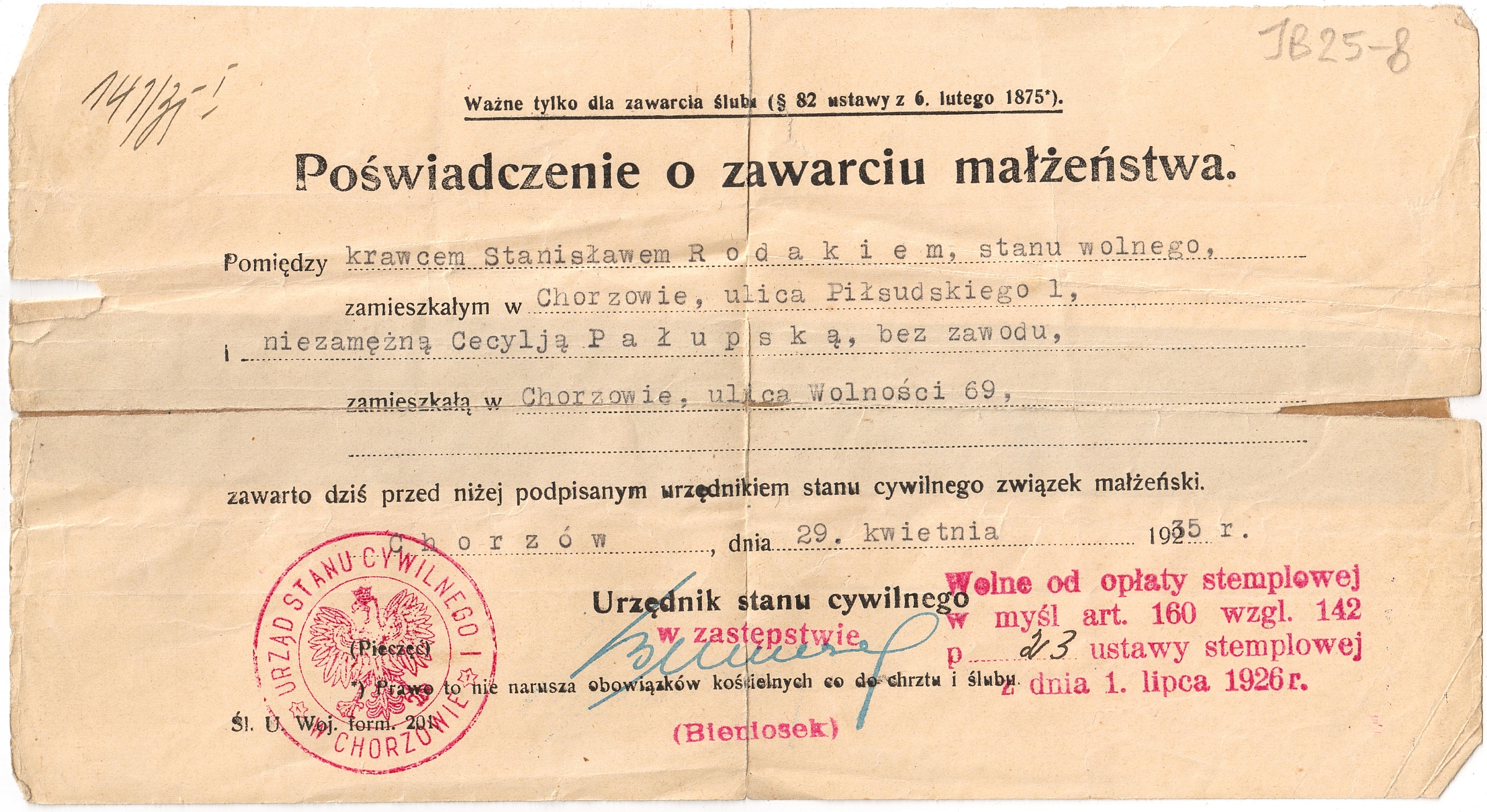 Poświadczenie o zawarciu małżeństwa Stanisława i Cecylji Rodaków (29.04.1935)