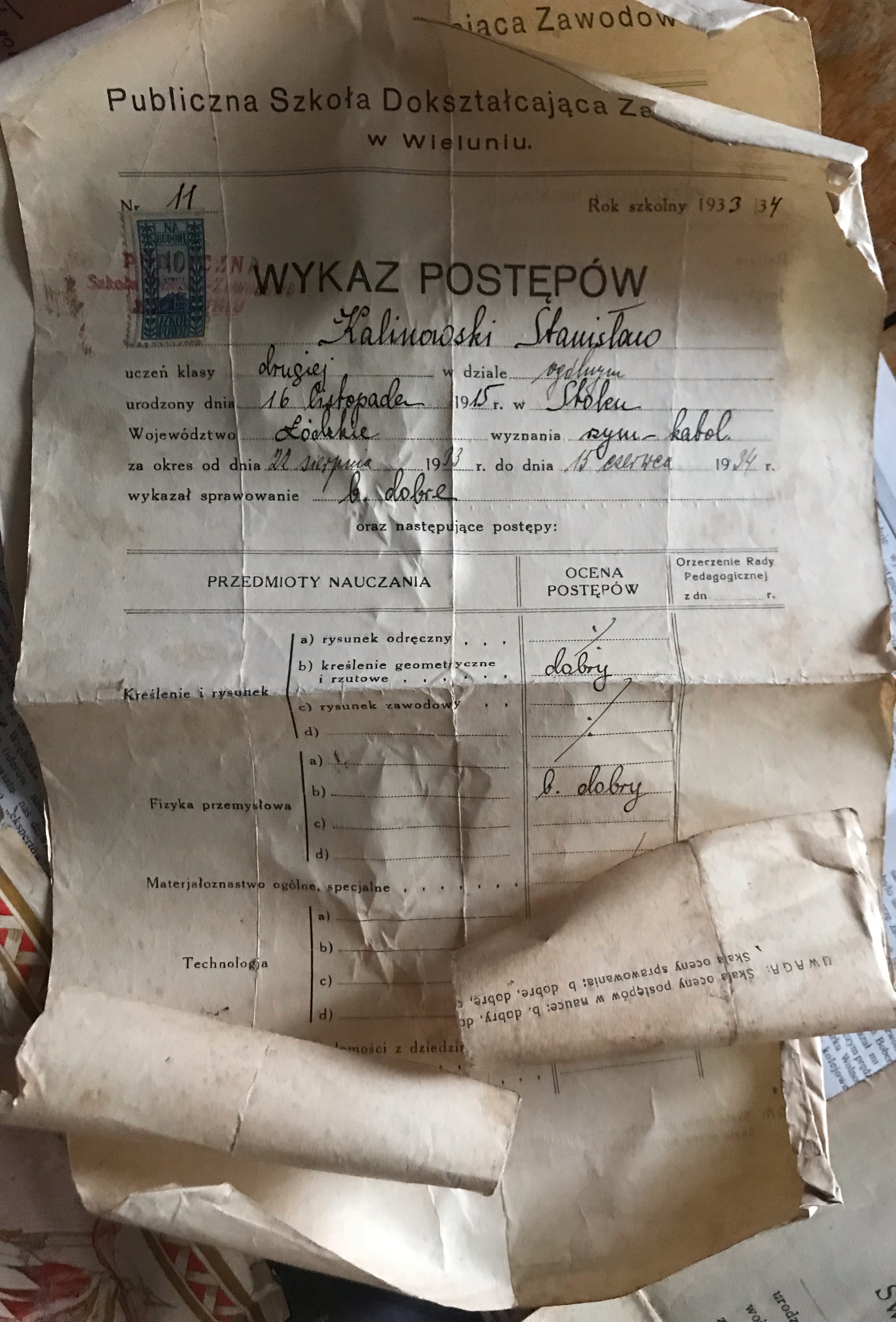 Wykaz postępów Stanisława Kalinowskiego w Publicznej Szkole Dokształcającej Zawodowej (22.08.1933 »» 15.06.1934)