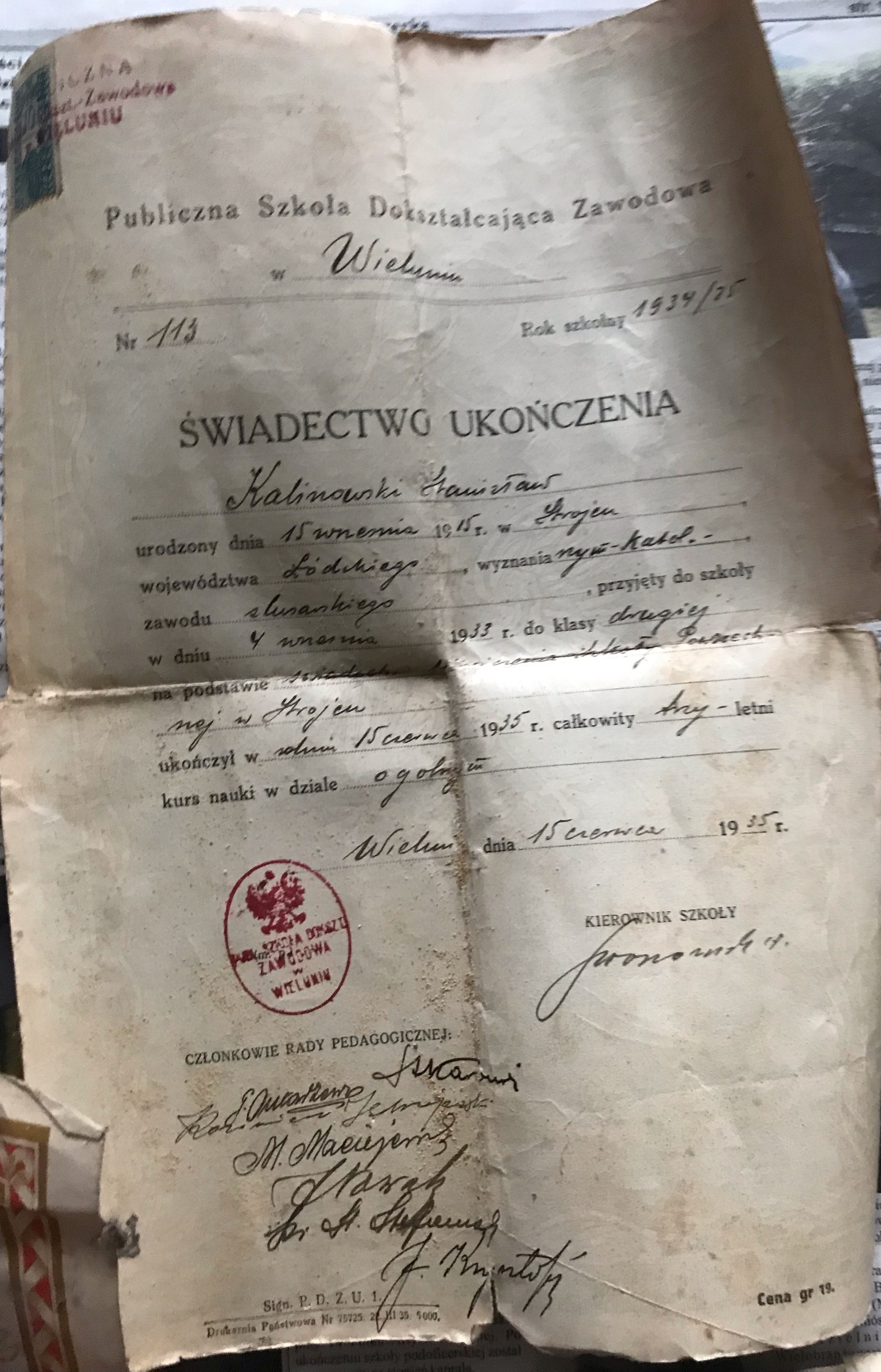 Świadectwo ukończenia przez Stanisława Kalinowskiego Publicznej Szkoły Dokształcającej Zawodowej (15.06.1934)