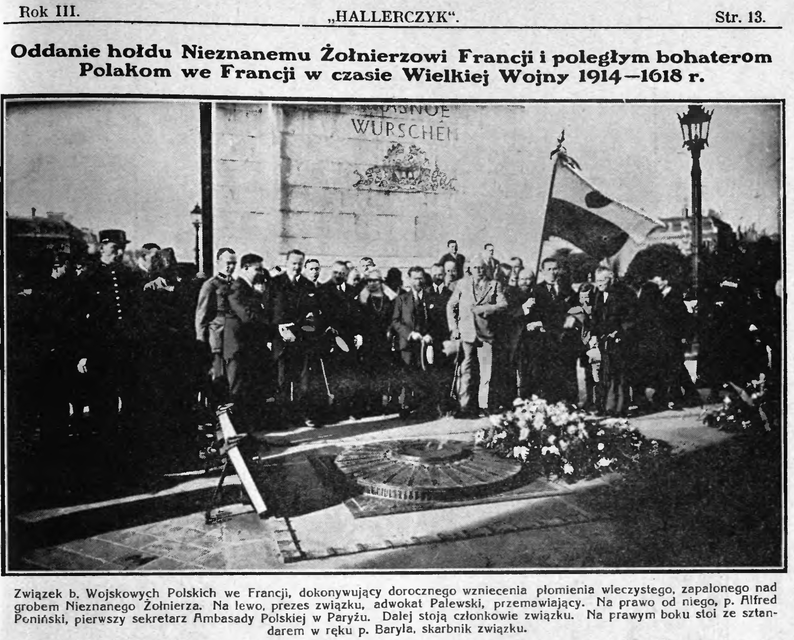 Oddanie hołdu Nieznanemu Żołnierzowi Francji i poległym bohaterom Polakom we Francji w czasie Wielkiej Wojny 1914–1618 (sic!) r. (20.06.1925)