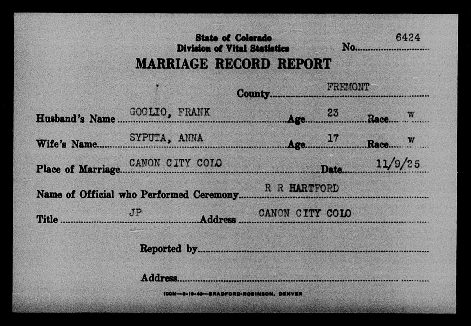 Marriage record report of Frank Goglio and Anna Syputa