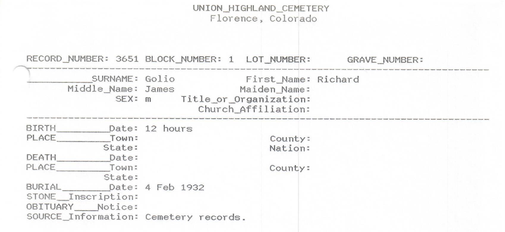 Richard Goglio’s cemetery grave record