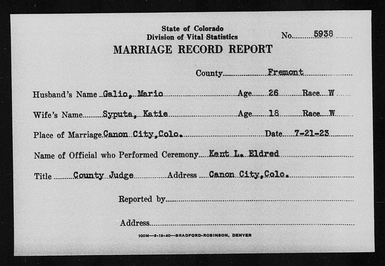 Marriage record report of Mario Goglio and Katie Syputa