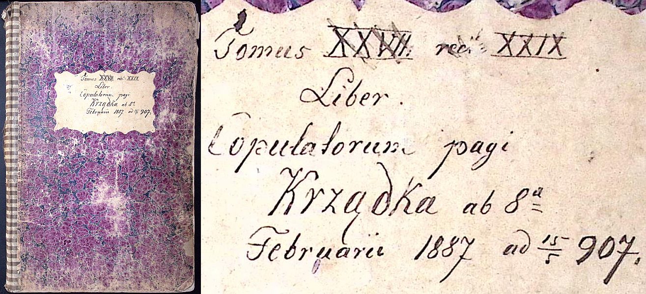 Tomus XXIX Liber Copulatorum pagi Krządka ab 8ª Februarii 1887 ad ¹⁵∕₅ [1]907